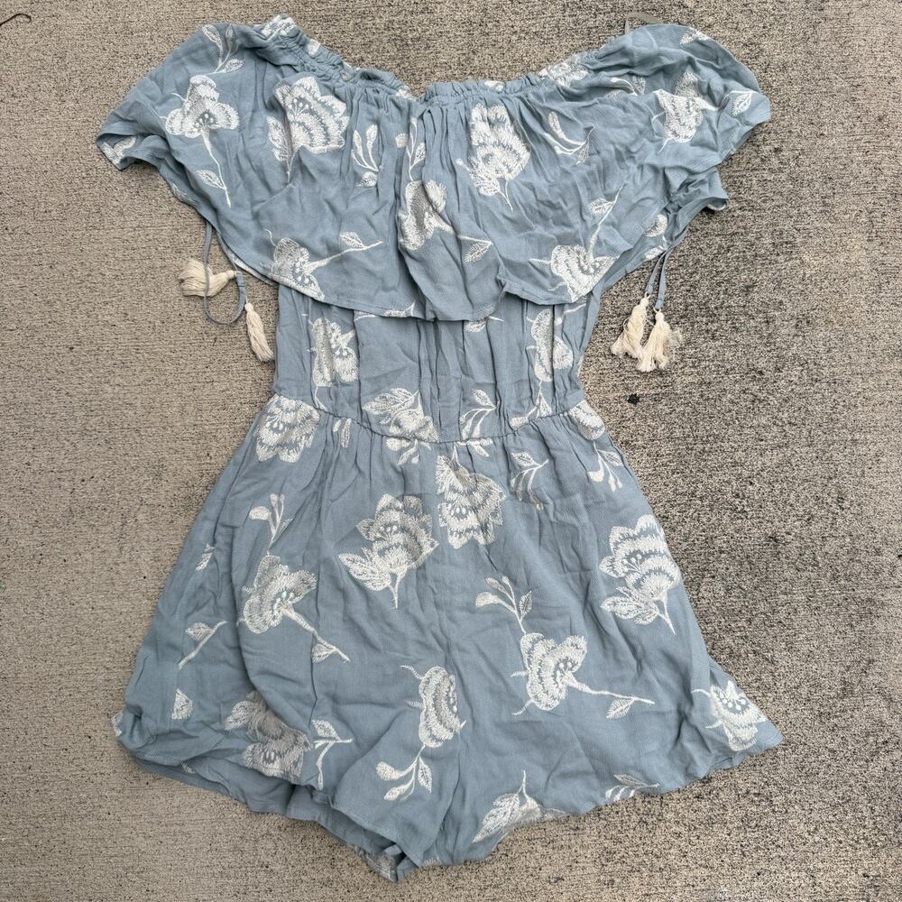 Lush Romper Womens Small Floral One Piece Embroidered Off Shoulder Tassel Boho